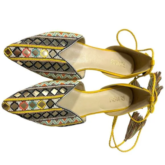 Rungg Reflections Hand Beaded Flats Women's 9 Mirror Tassel Ankle Straps Yellow