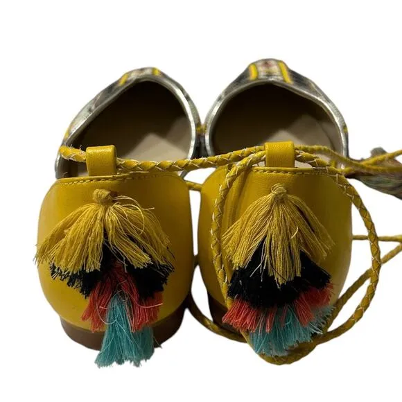 Rungg Reflections Hand Beaded Flats Women's 9 Mirror Tassel Ankle Straps Yellow