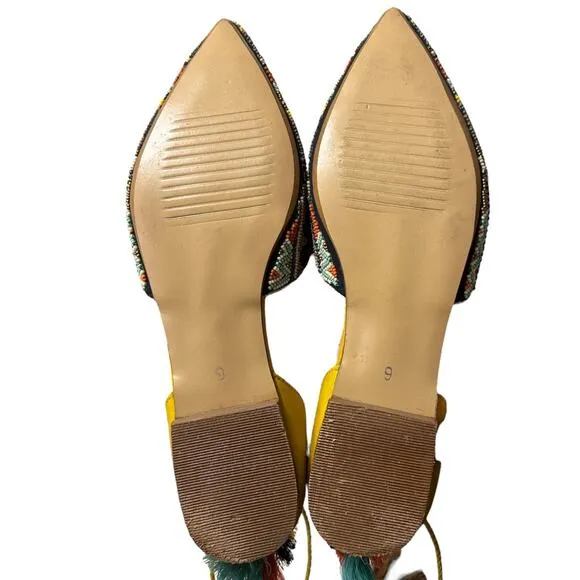 Rungg Reflections Hand Beaded Flats Women's 9 Mirror Tassel Ankle Straps Yellow