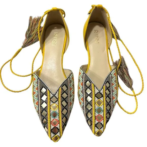 Rungg Reflections Hand Beaded Flats Women's 9 Mirror Tassel Ankle Straps Yellow