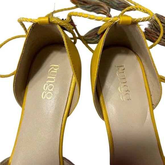 Rungg Reflections Hand Beaded Flats Women's 9 Mirror Tassel Ankle Straps Yellow
