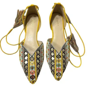 Rungg Reflections Hand Beaded Flats Women's 9 Mirror Tassel Ankle Straps Yellow