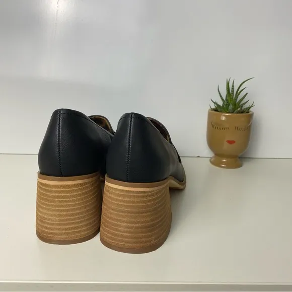SALE New Korks Black Leather Loafers with Wooden Heel