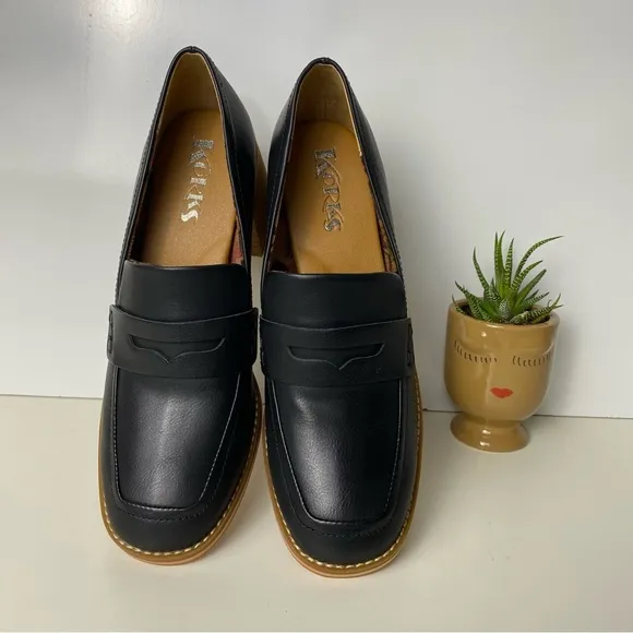SALE New Korks Black Leather Loafers with Wooden Heel