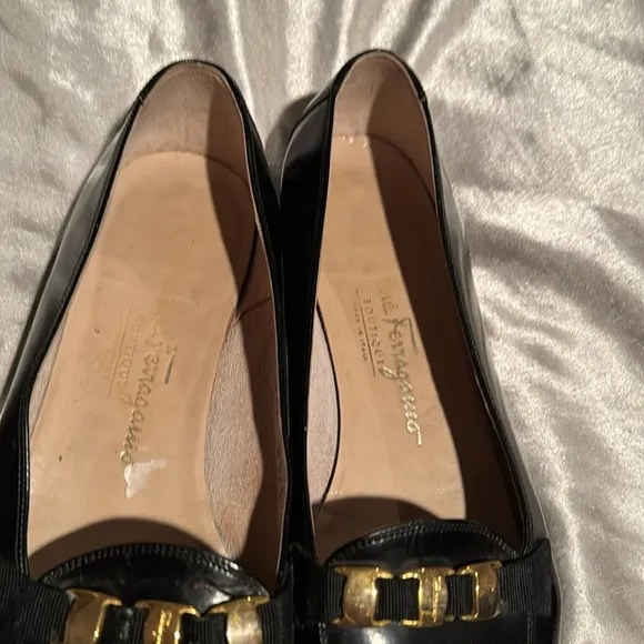 Salvatore Ferragamo Black Leather Womens Loafers with Gold Accent, Size 8 1/2