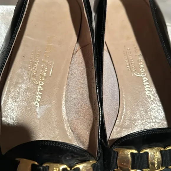 Salvatore Ferragamo Black Leather Womens Loafers with Gold Accent, Size 8 1/2