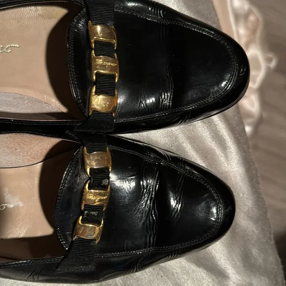 Salvatore Ferragamo Black Leather Womens Loafers with Gold Accent, Size 8 1/2