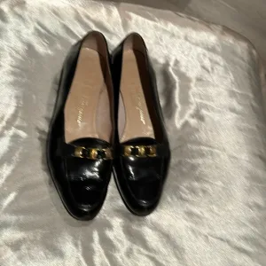 Salvatore Ferragamo Black Leather Womens Loafers with Gold Accent, Size 8 1/2