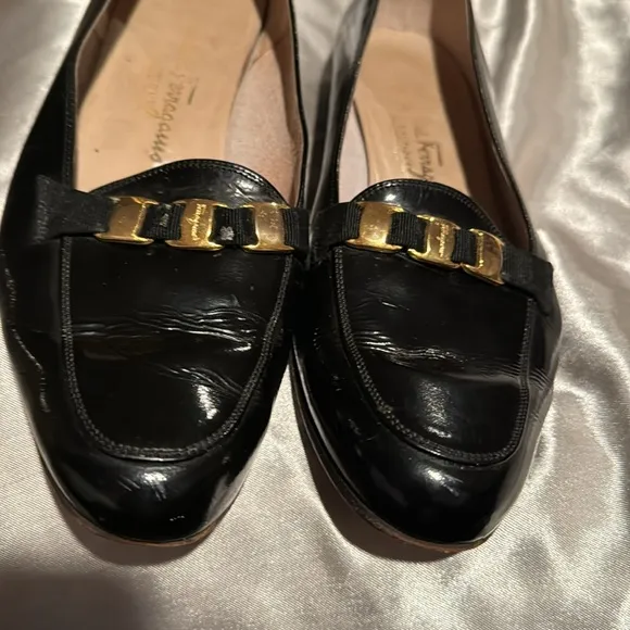 Salvatore Ferragamo Black Leather Womens Loafers with Gold Accent, Size 8 1/2