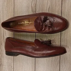 SALVATORE FERRAGAMO Dark Brown Leather Sz 9.5 B Mens Tassel‎ Loafers Dress Shoes