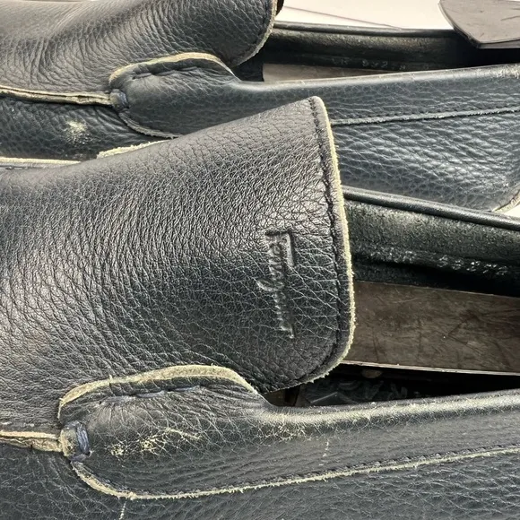 Salvatore Ferragamo Navy Blue Leather Slip On Loafers Size 9D