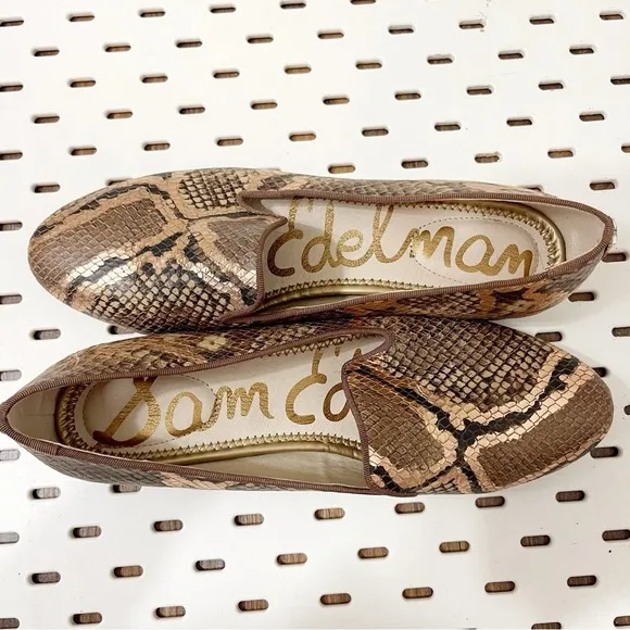 SAM EDELMAN Jordy Embossed Tan Bronze Snake Print Leather Loafers - 8