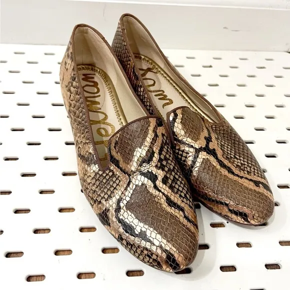 SAM EDELMAN Jordy Embossed Tan Bronze Snake Print Leather Loafers - 8
