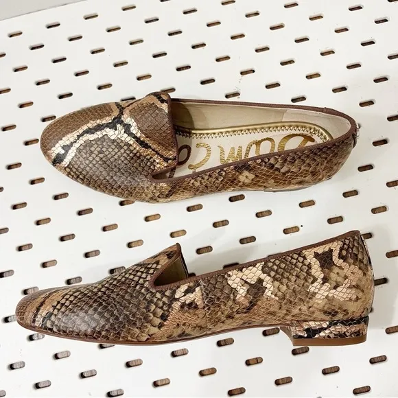 SAM EDELMAN Jordy Embossed Tan Bronze Snake Print Leather Loafers - 8