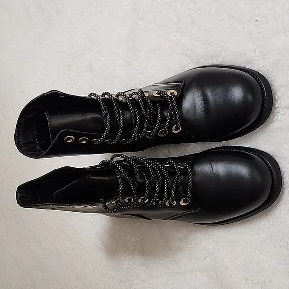 Sandro Paris Black Leather Combat Lace Up  Boots  With gold Eyelet Size 39- 8.5