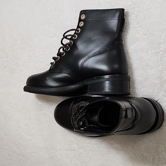 Sandro Paris Black Leather Combat Lace Up  Boots  With gold Eyelet Size 39- 8.5