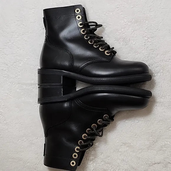 Sandro Paris Black Leather Combat Lace Up  Boots  With gold Eyelet Size 39- 8.5