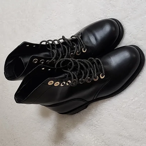 Sandro Paris Black Leather Combat Lace Up  Boots  With gold Eyelet Size 39- 8.5