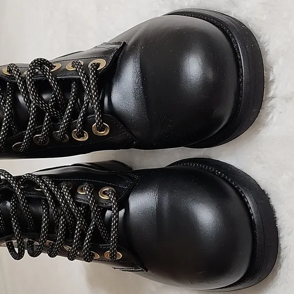 Sandro Paris Black Leather Combat Lace Up  Boots  With gold Eyelet Size 39- 8.5