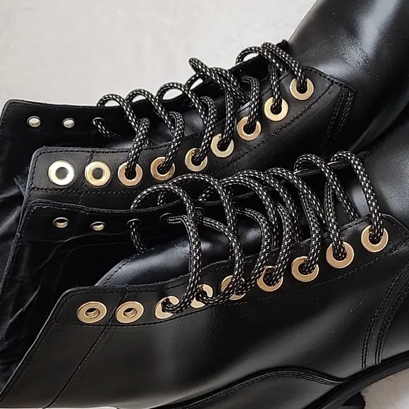 Sandro Paris Black Leather Combat Lace Up  Boots  With gold Eyelet Size 39- 8.5