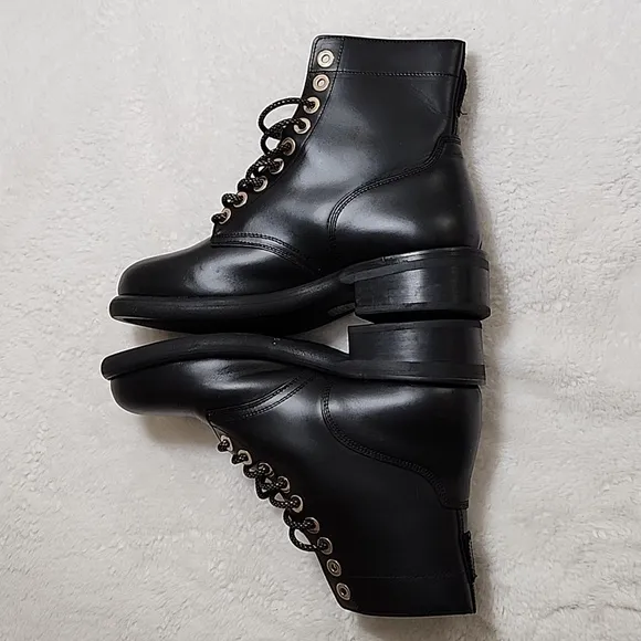 Sandro Paris Black Leather Combat Lace Up  Boots  With gold Eyelet Size 39- 8.5