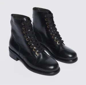 Sandro Paris Black Leather Combat Lace Up  Boots  With gold Eyelet Size 39- 8.5