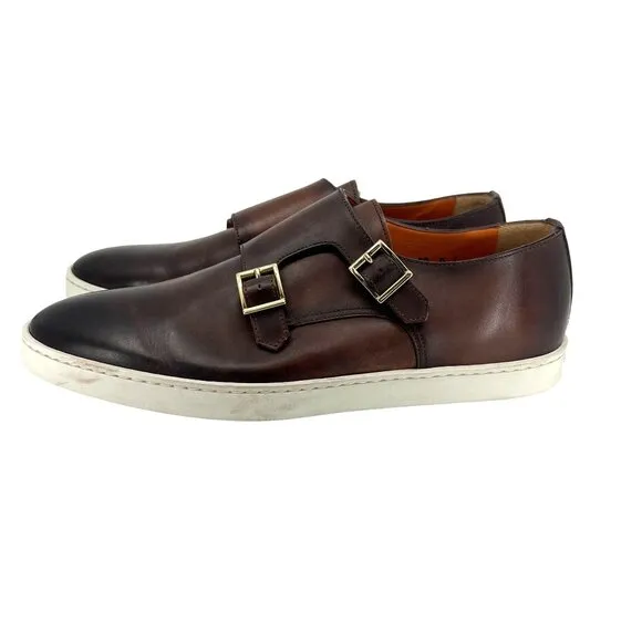 Santani Mens Leather Loafers With Double Monk Strap &amp; Rubber Sole Size 7