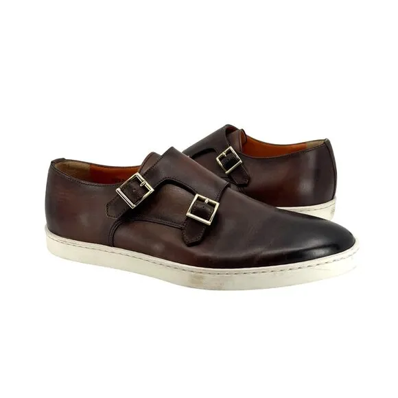Santani Mens Leather Loafers With Double Monk Strap &amp; Rubber Sole Size 7