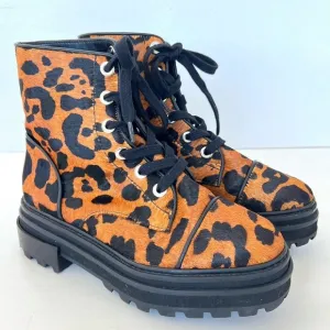 SCHUTZ Maylova Leopard Print Calf Hair Lug Sole Combat Boot Size 8.5