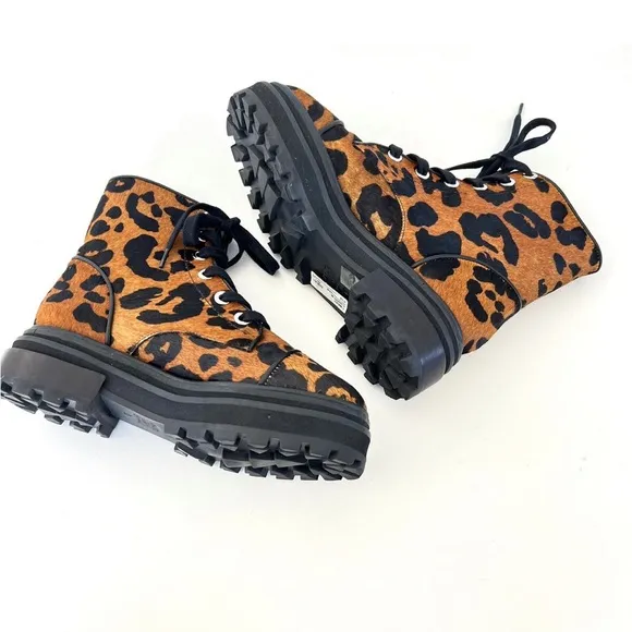 SCHUTZ Maylova Leopard Print Calf Hair Lug Sole Combat Boot Size 8.5