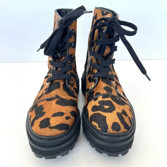 SCHUTZ Maylova Leopard Print Calf Hair Lug Sole Combat Boot Size 8.5
