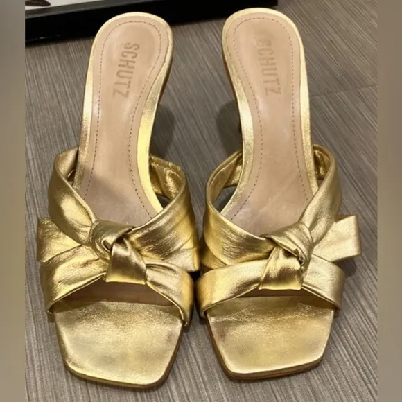 Schutz Mindy genuine leather Pin Heeled Sandals in Gold color Size 8