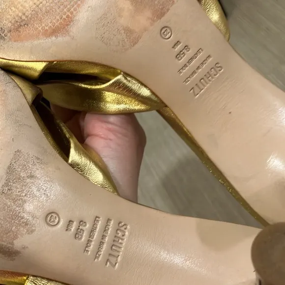 Schutz Mindy genuine leather Pin Heeled Sandals in Gold color Size 8