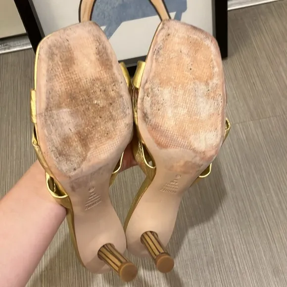 Schutz Mindy genuine leather Pin Heeled Sandals in Gold color Size 8