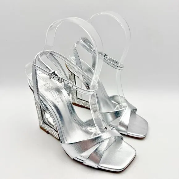 Schutz Womens Phillie Wedge Sandal US 5B EU 35.5 Silver Leather NWOB