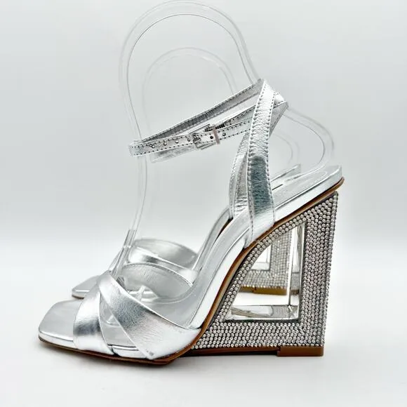 Schutz Womens Phillie Wedge Sandal US 5B EU 35.5 Silver Leather NWOB