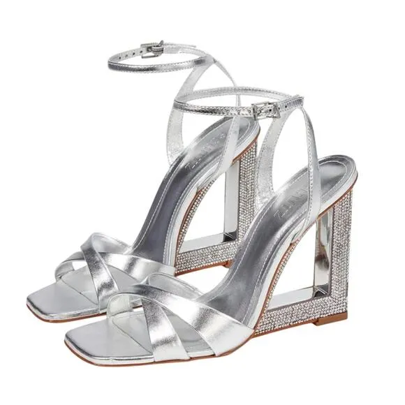 Schutz Womens Phillie Wedge Sandal US 5B EU 35.5 Silver Leather NWOB