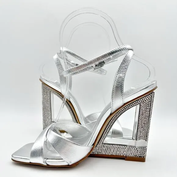 Schutz Womens Phillie Wedge Sandal US 5B EU 35.5 Silver Leather NWOB
