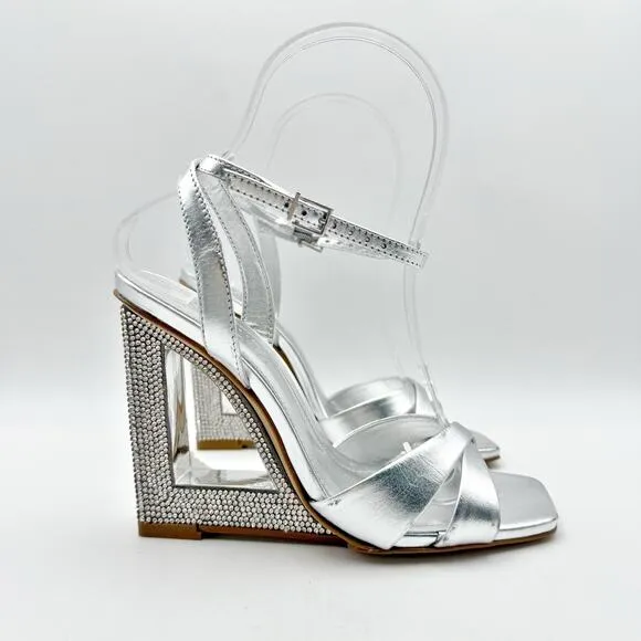 Schutz Womens Phillie Wedge Sandal US 5B EU 35.5 Silver Leather NWOB