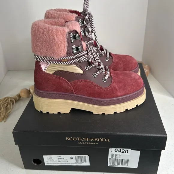 SCOTCH &amp; SODA Made In Portugal Suede Cozy Hiker Boots burgundy Euro/37/ 6.5/7