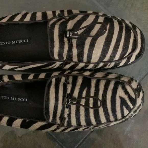 SESTO MEUCCI Zebra Print Pony Hair Leather Loafers