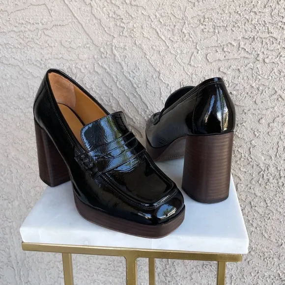 SEZANE Black Glossy Leather Platform Penny Loafers Square Toe Jessie Heels 39