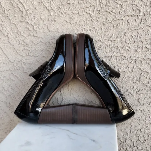 SEZANE Black Glossy Leather Platform Penny Loafers Square Toe Jessie Heels 39