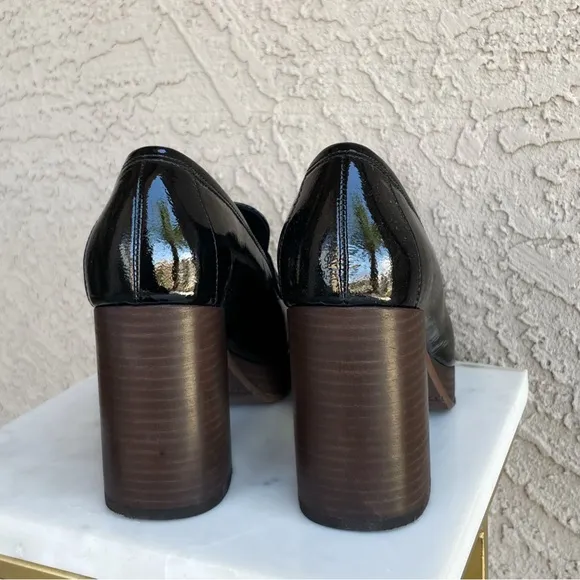 SEZANE Black Glossy Leather Platform Penny Loafers Square Toe Jessie Heels 39