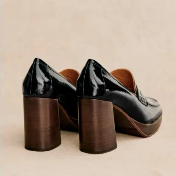 SEZANE Black Glossy Leather Platform Penny Loafers Square Toe Jessie Heels 39