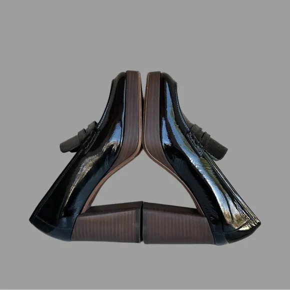 SEZANE Black Glossy Leather Platform Penny Loafers Square Toe Jessie Heels 39