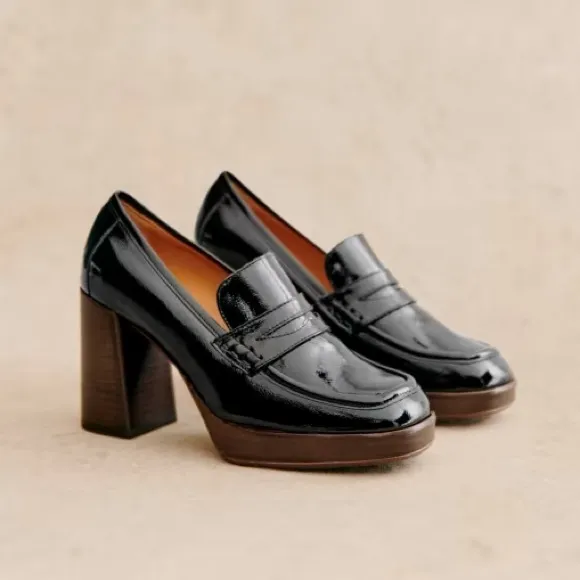 SEZANE Black Glossy Leather Platform Penny Loafers Square Toe Jessie Heels 39