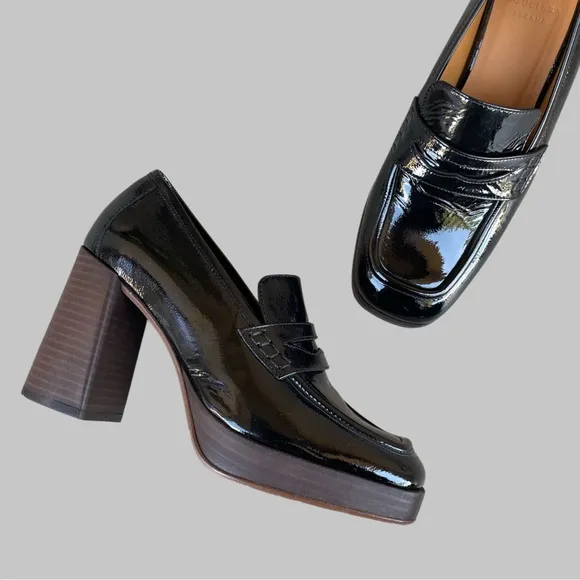 SEZANE Black Glossy Leather Platform Penny Loafers Square Toe Jessie Heels 39