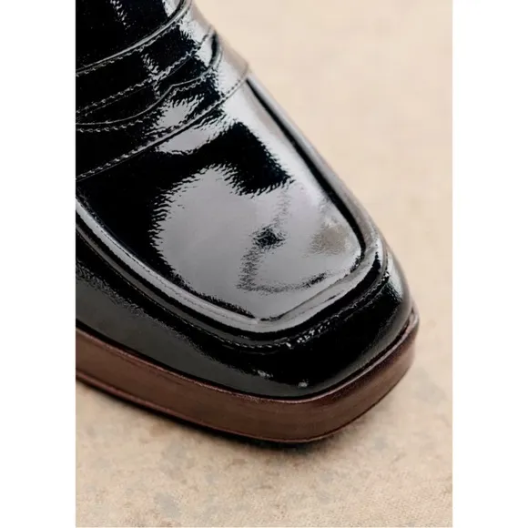 SEZANE Black Glossy Leather Platform Penny Loafers Square Toe Jessie Heels 39