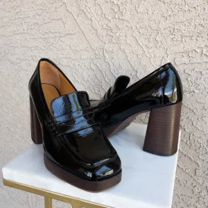 SEZANE Black Glossy Leather Platform Penny Loafers Square Toe Jessie Heels 39